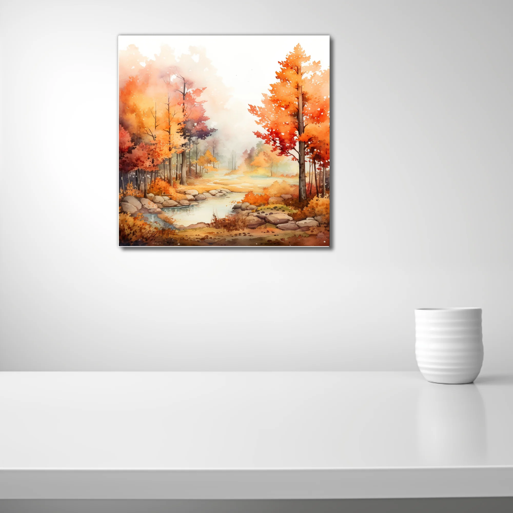 Watercolor-style autumn forest landscape with stream, fiery orange and red foliage, misty pastel mood