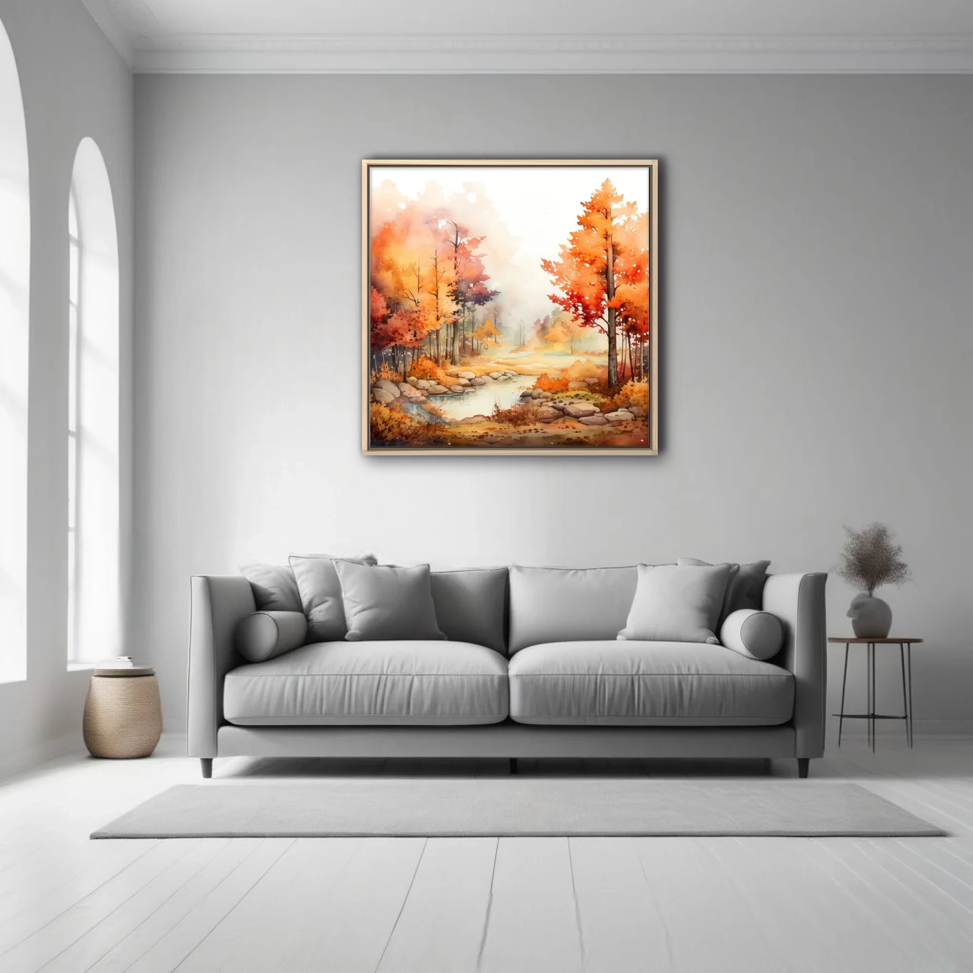 Watercolor-style autumn forest landscape with stream, fiery orange and red foliage, misty pastel mood