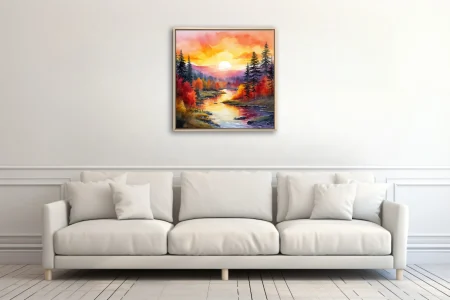 Watercolor-style autumn sunrise over river with fall foliage and mountain haze