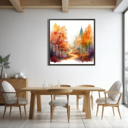 Watercolor-style autumn forest path with amber, rust, and plum foliage in soft misty light