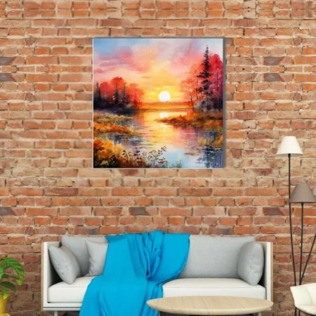 Watercolor-style autumn sunrise over a calm wetland, warm amber and crimson tones