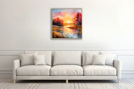 Watercolor-style autumn sunrise over a calm wetland, warm amber and crimson tones