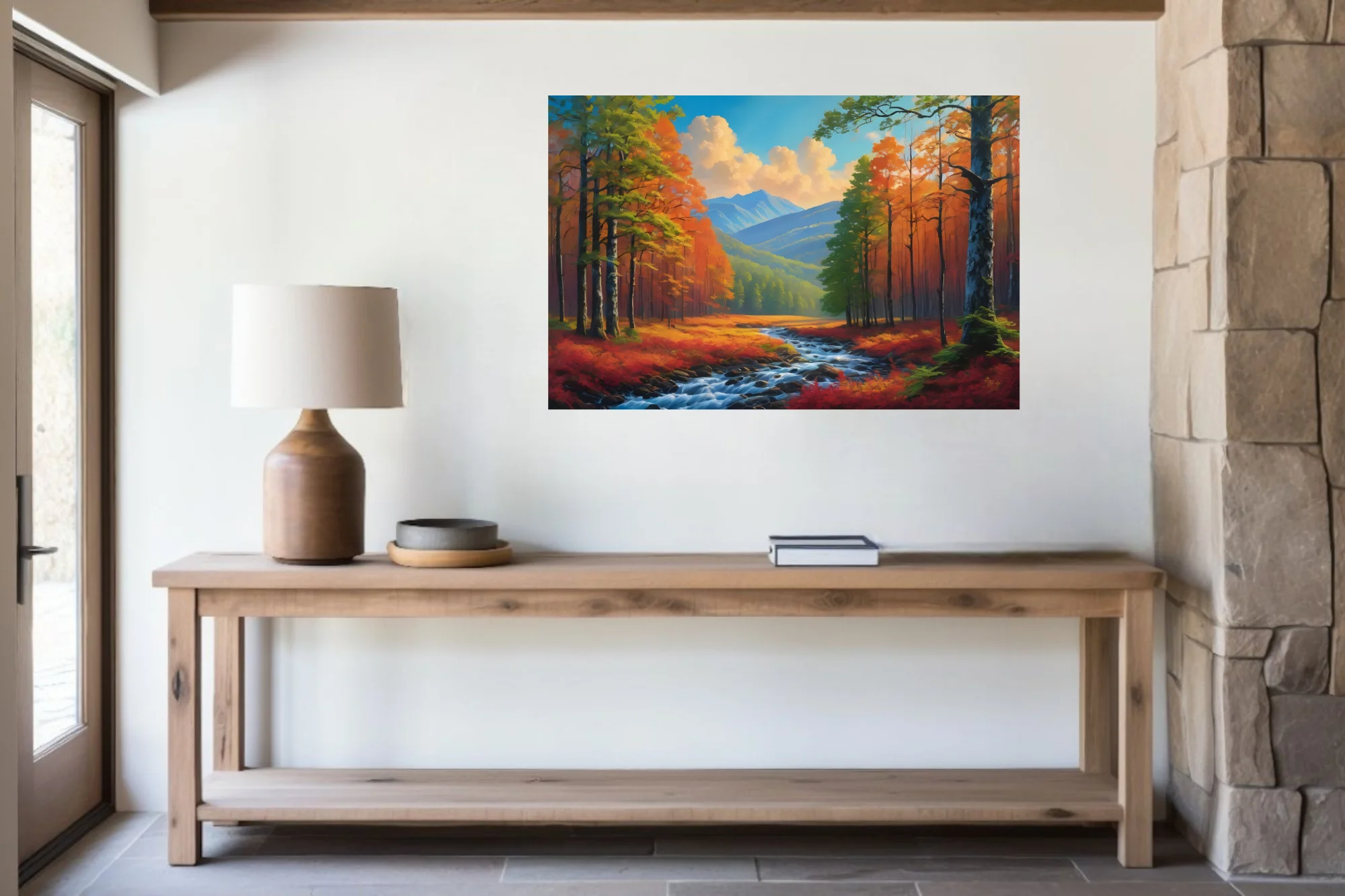 Vivid autumn forest landscape with stream and blue mountains in painterly finish