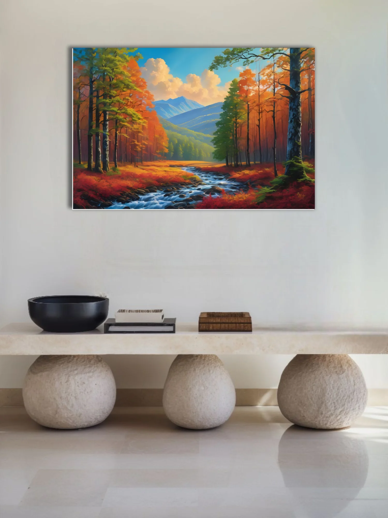 Vivid autumn forest landscape with stream and blue mountains in painterly finish