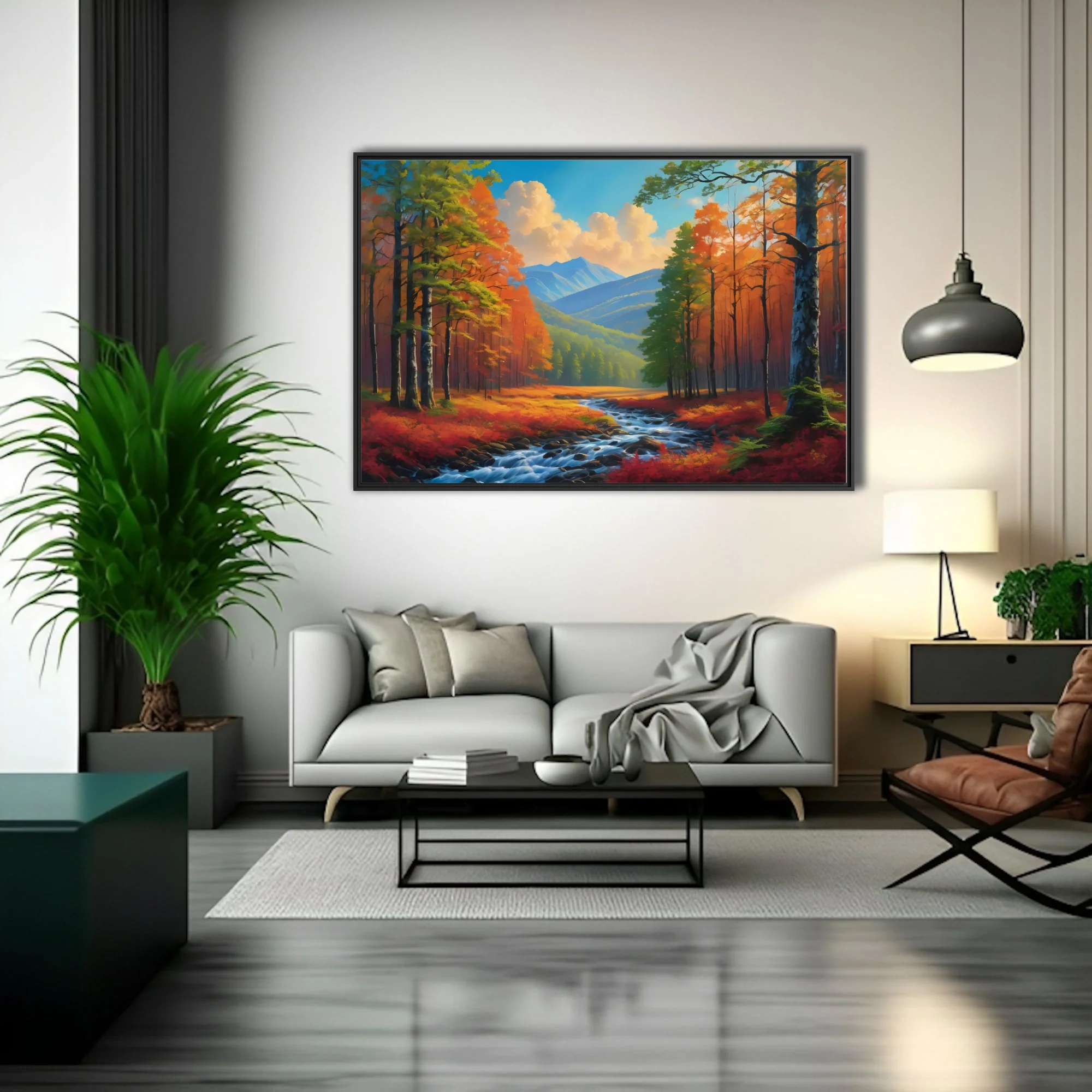 Vivid autumn forest landscape with stream and blue mountains in painterly finish