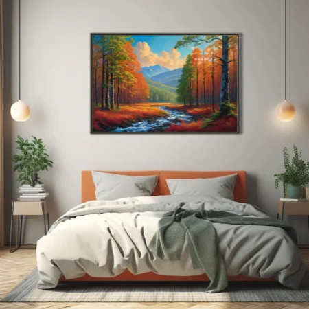 Vivid autumn forest landscape with stream and blue mountains in painterly finish
