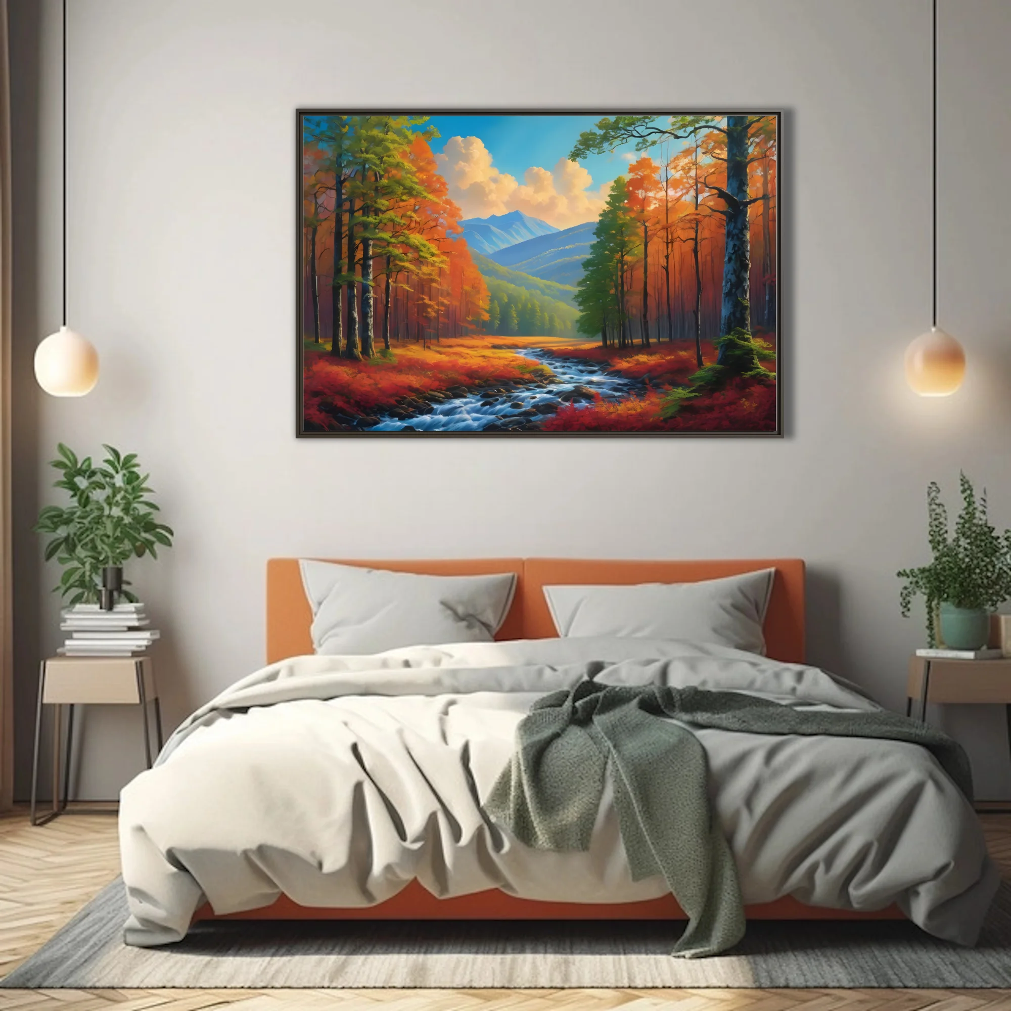 Vivid autumn forest landscape with stream and blue mountains in painterly finish