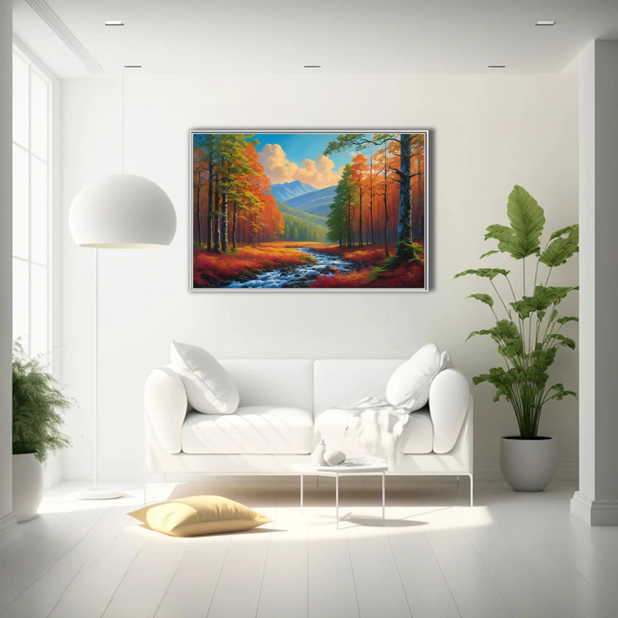 Vivid autumn forest landscape with stream and blue mountains in painterly finish