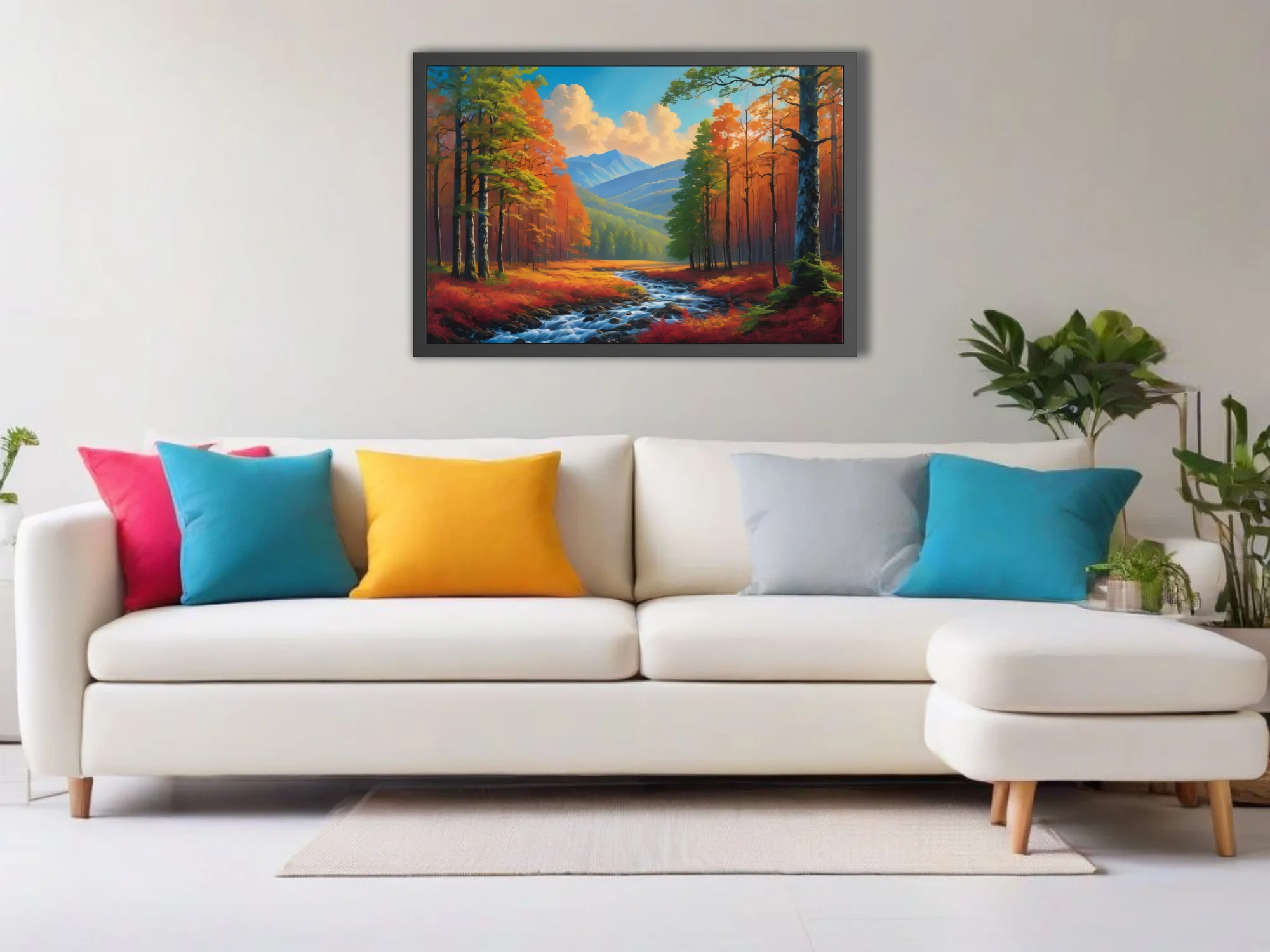 Vivid autumn forest landscape with stream and blue mountains in painterly finish