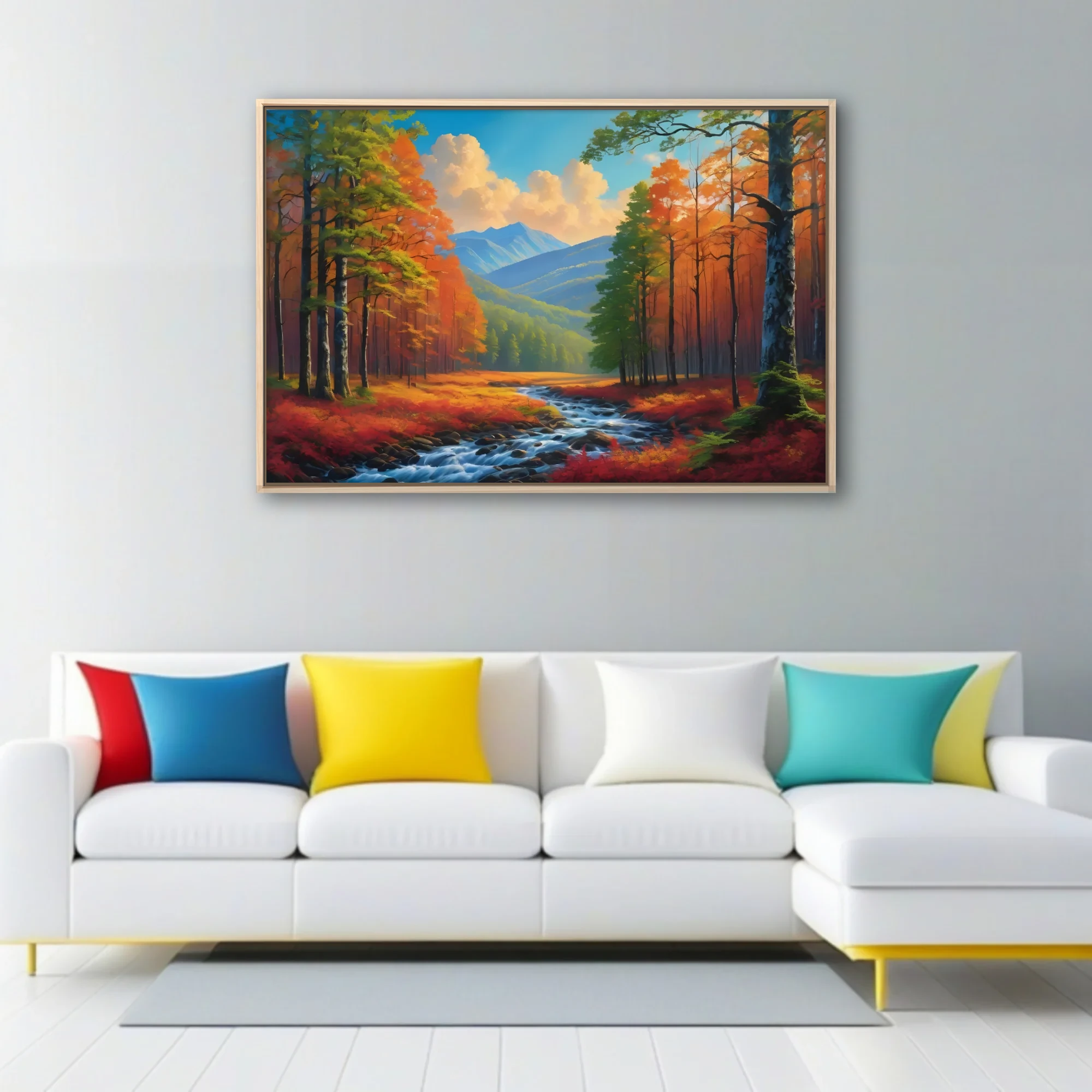 Vivid autumn forest landscape with stream and blue mountains in painterly finish