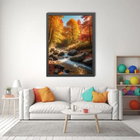 Autumn forest stream with golden-red foliage and cascading rocky waterfall