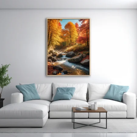 Autumn forest stream with golden-red foliage and cascading rocky waterfall