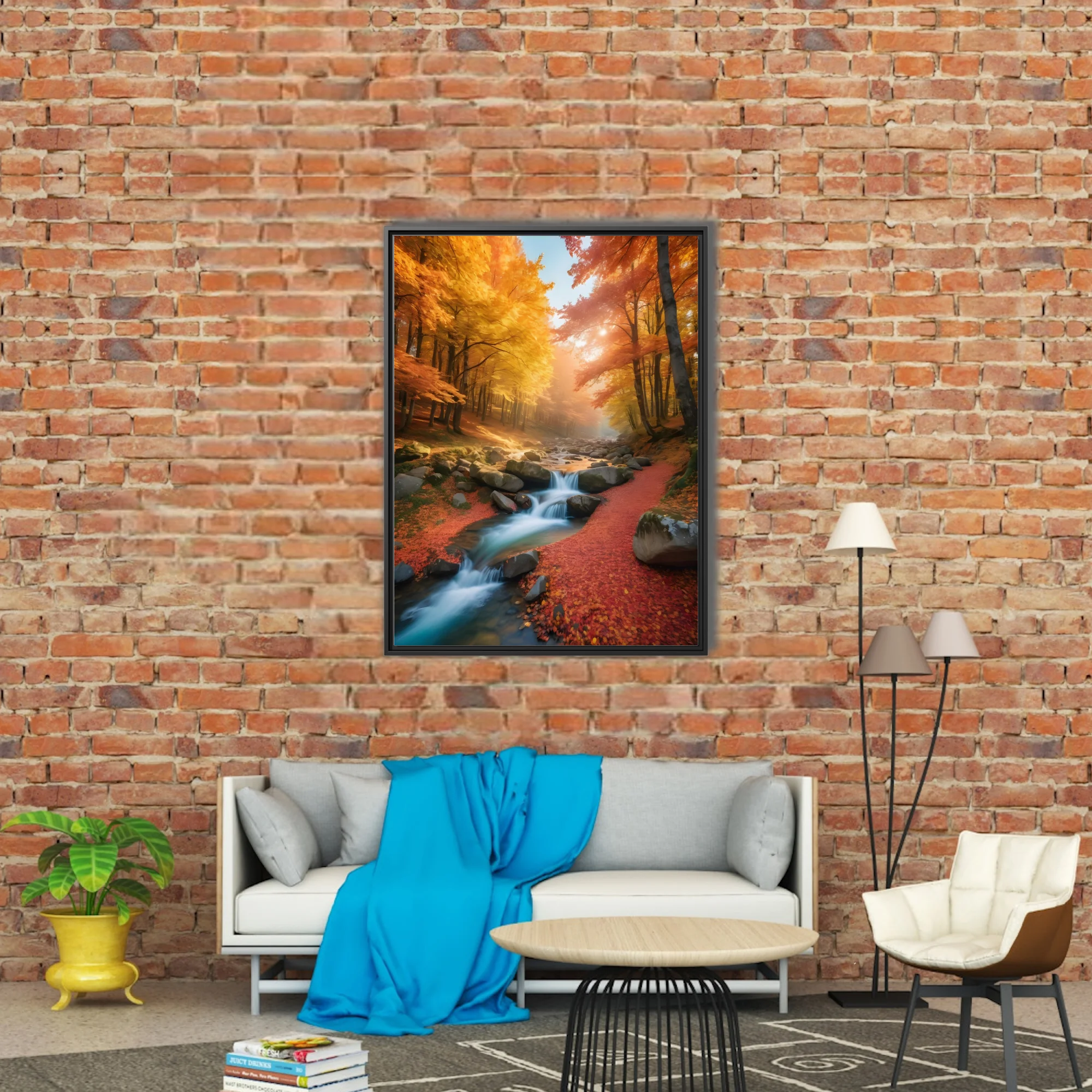 Autumn forest stream with golden foliage and cascading water over mossy rocks
