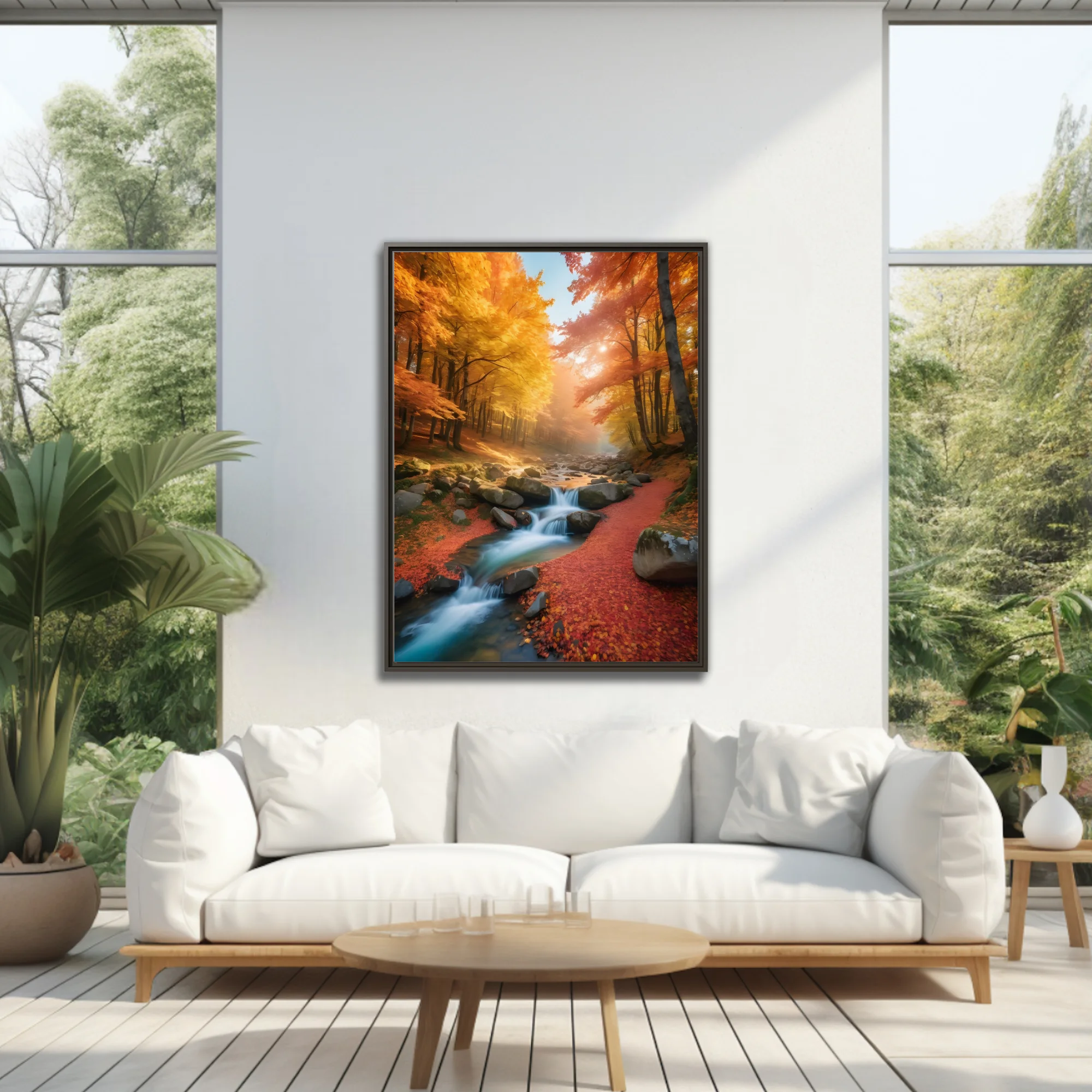 Autumn forest stream with golden foliage and cascading water over mossy rocks