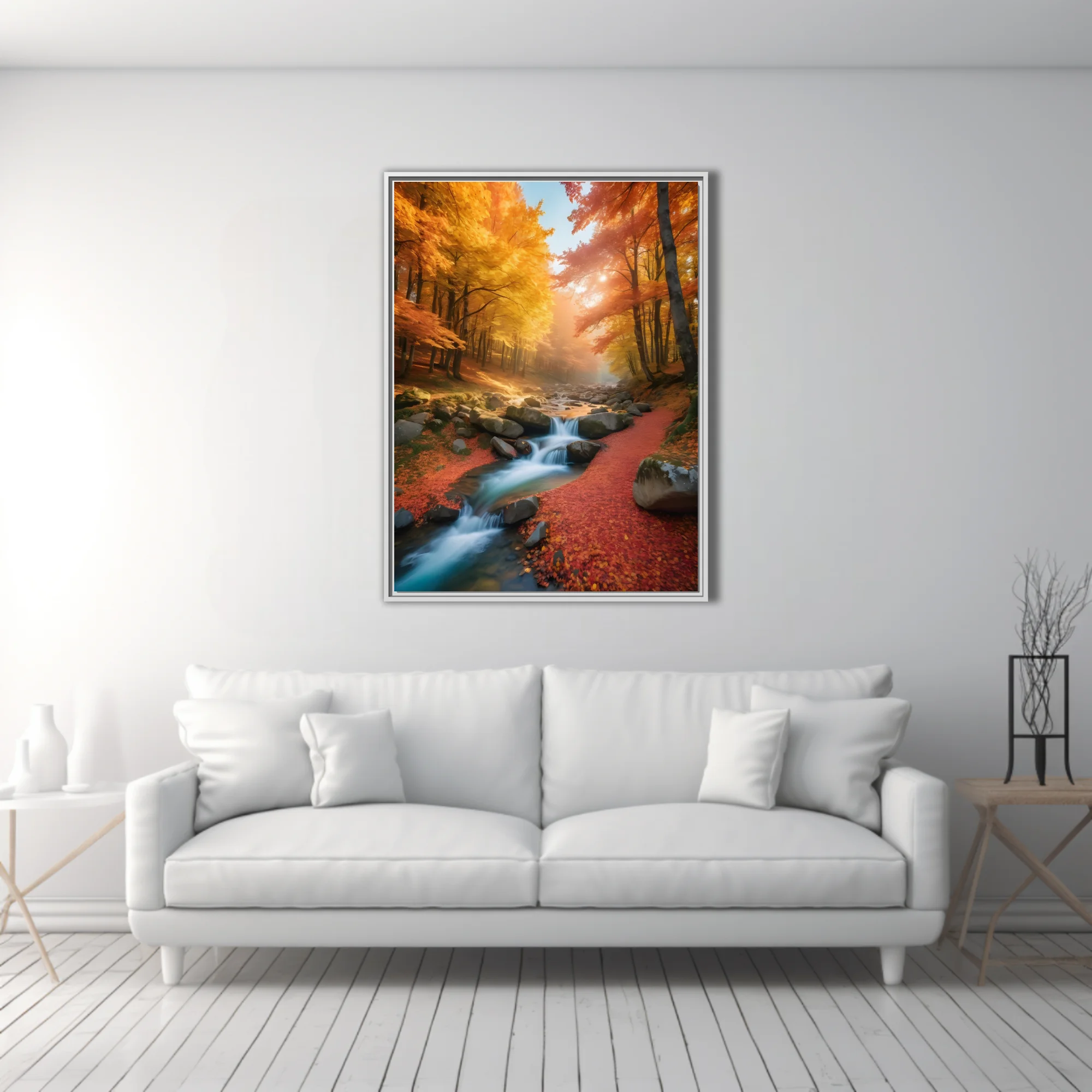 Autumn forest stream with golden foliage and cascading water over mossy rocks