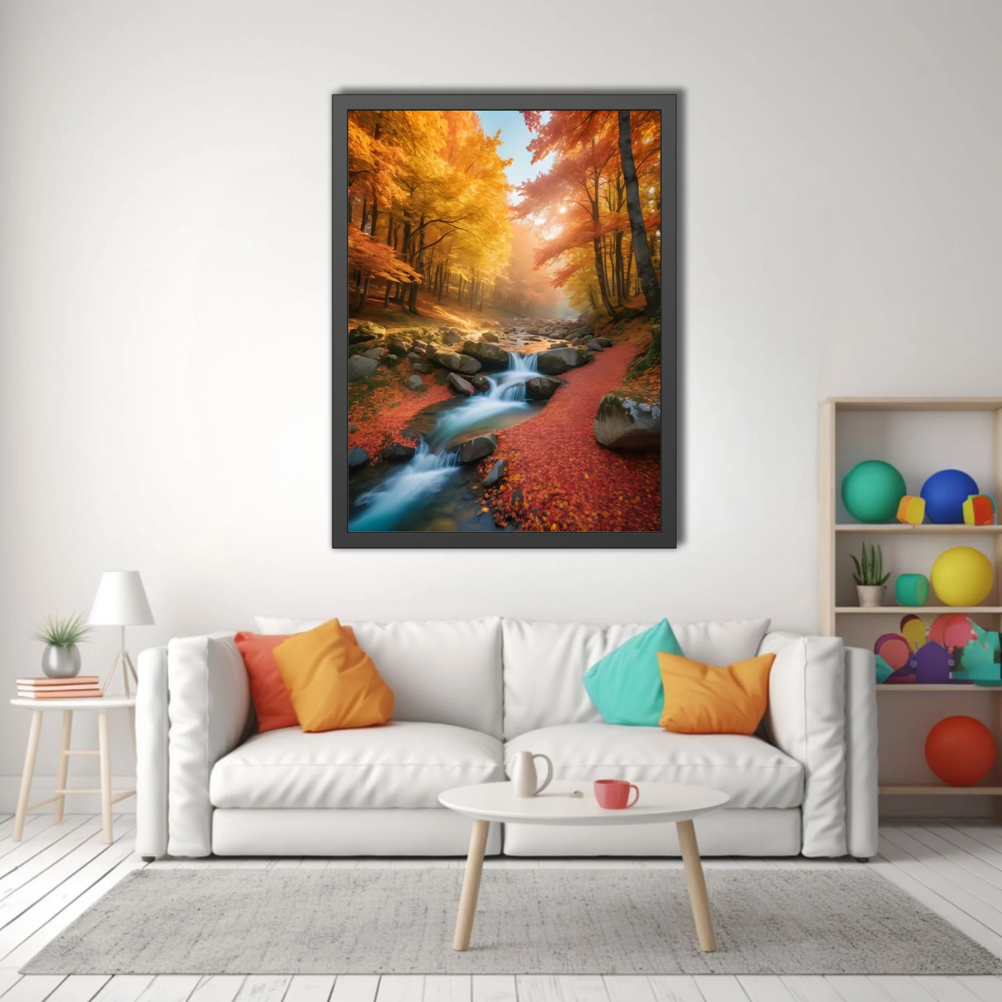 Autumn forest stream with golden foliage and cascading water over mossy rocks