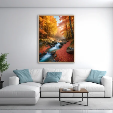 Autumn forest stream with golden foliage and cascading water over mossy rocks
