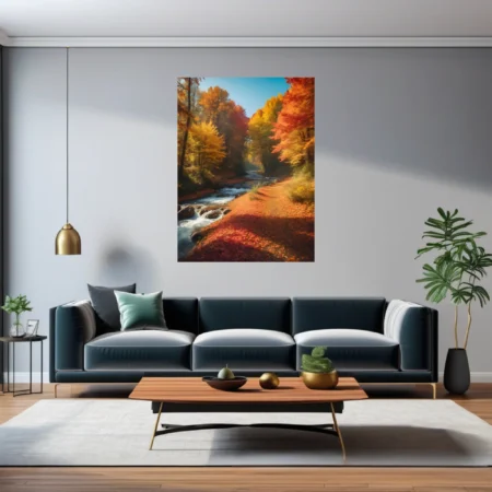 Autumn forest stream with vivid red, orange, and gold foliage