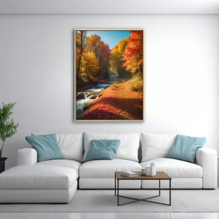 Autumn forest stream with vivid red, orange, and gold foliage