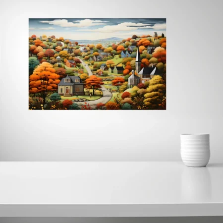 Folk-art autumn village scene with colorful foliage, church steeple, and winding road