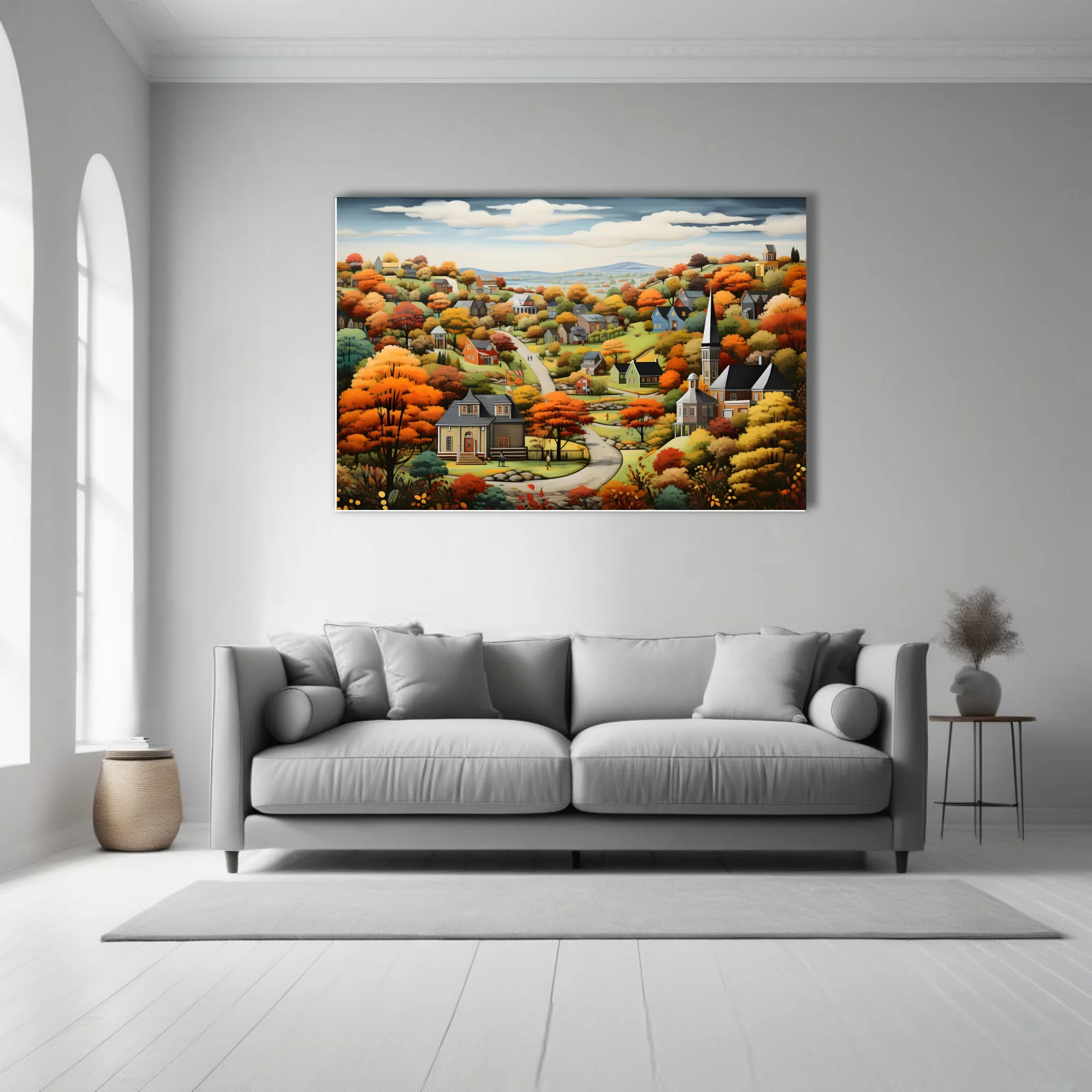 Folk-art autumn village scene with colorful foliage, church steeple, and winding road
