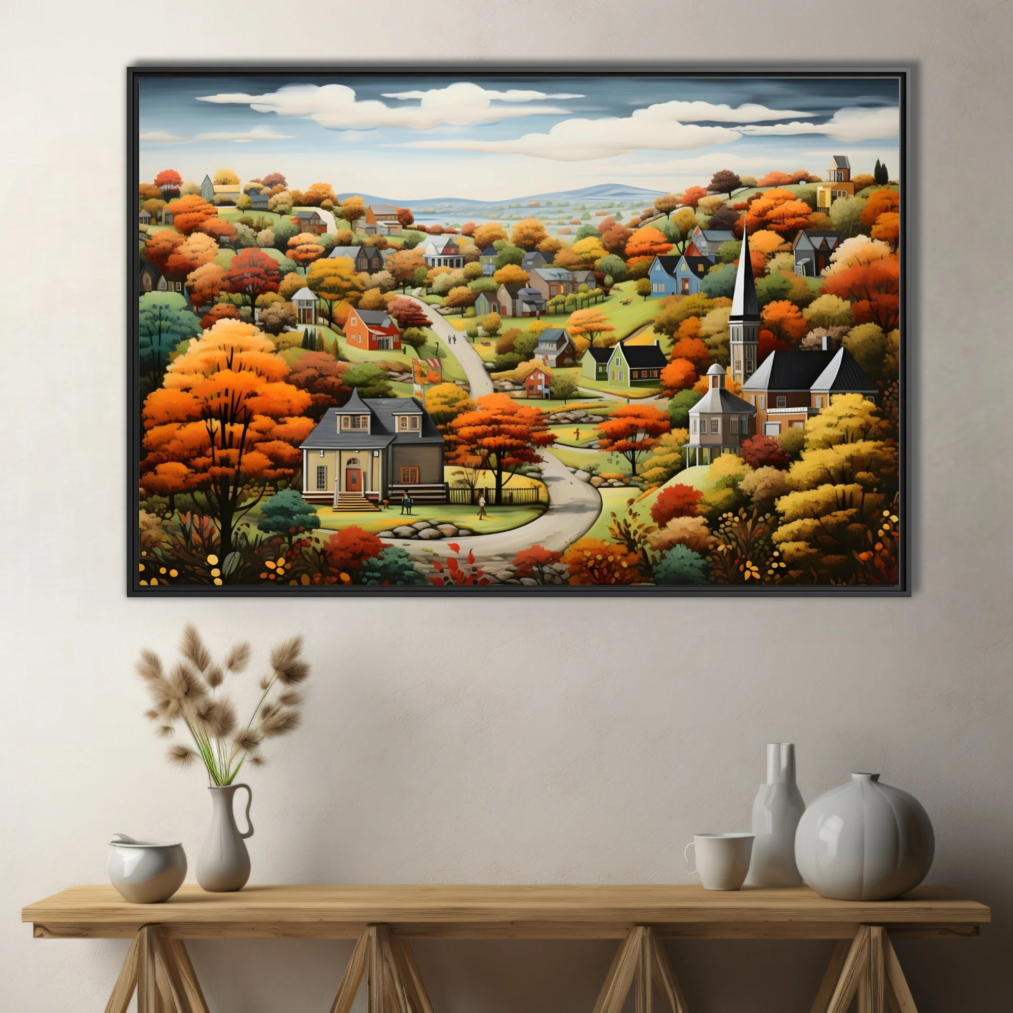 Folk-art autumn village scene with colorful foliage, church steeple, and winding road