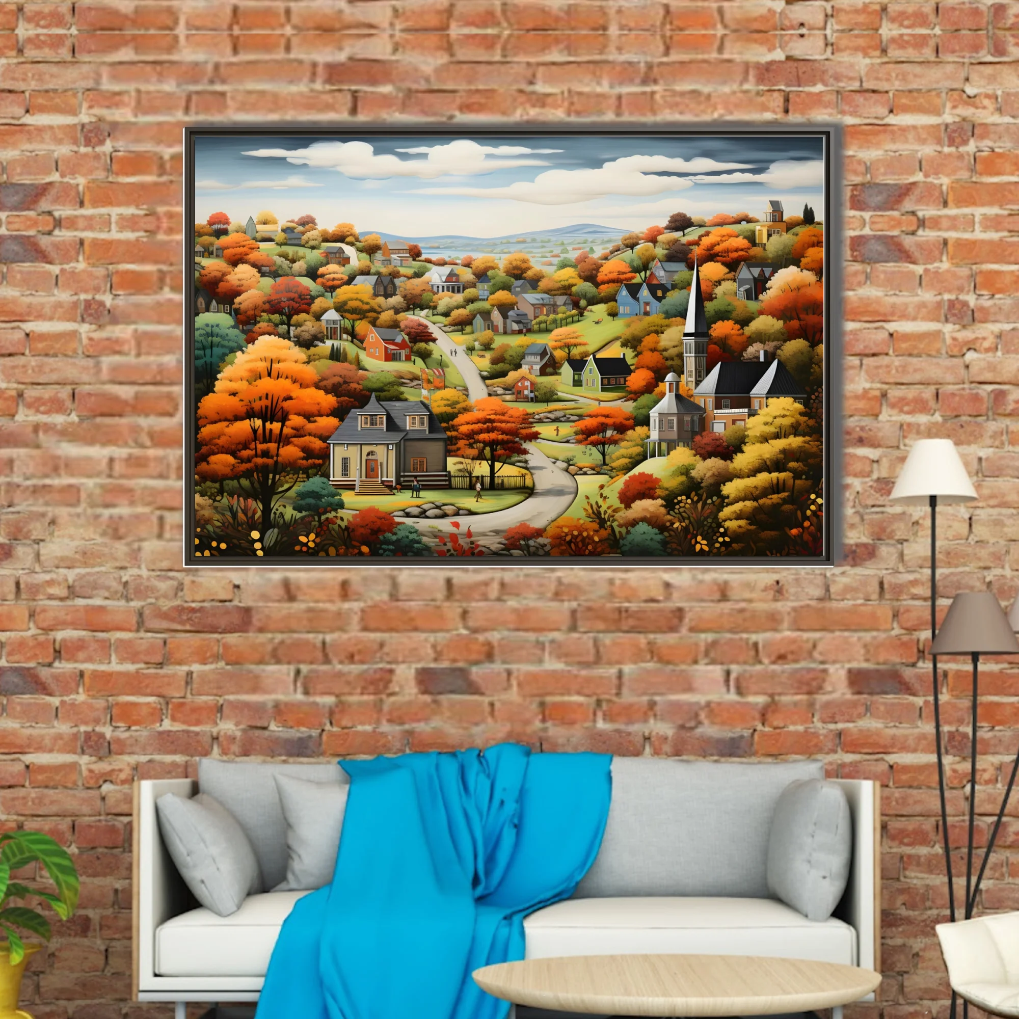 Folk-art autumn village scene with colorful foliage, church steeple, and winding road