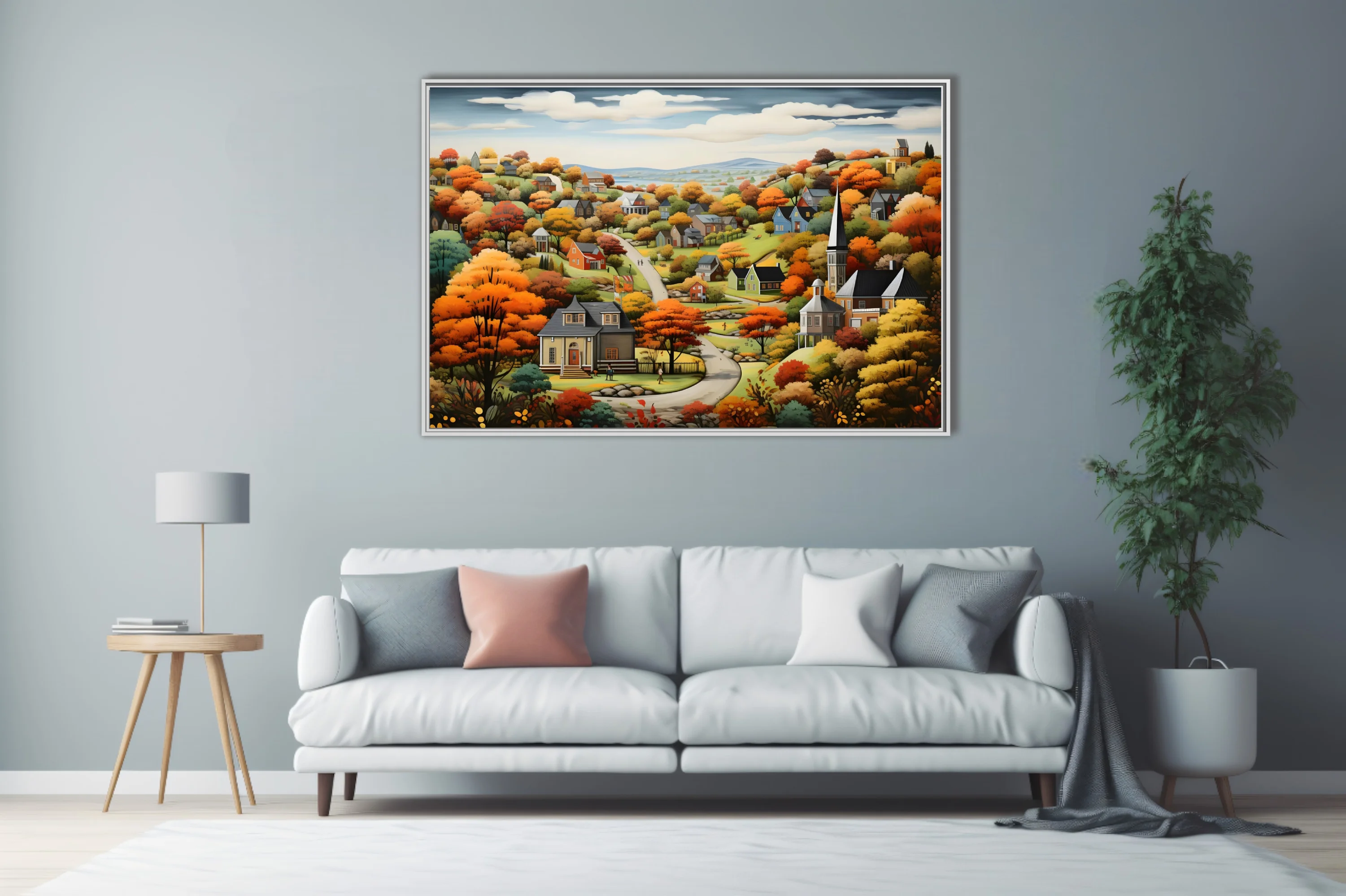 Folk-art autumn village scene with colorful foliage, church steeple, and winding road