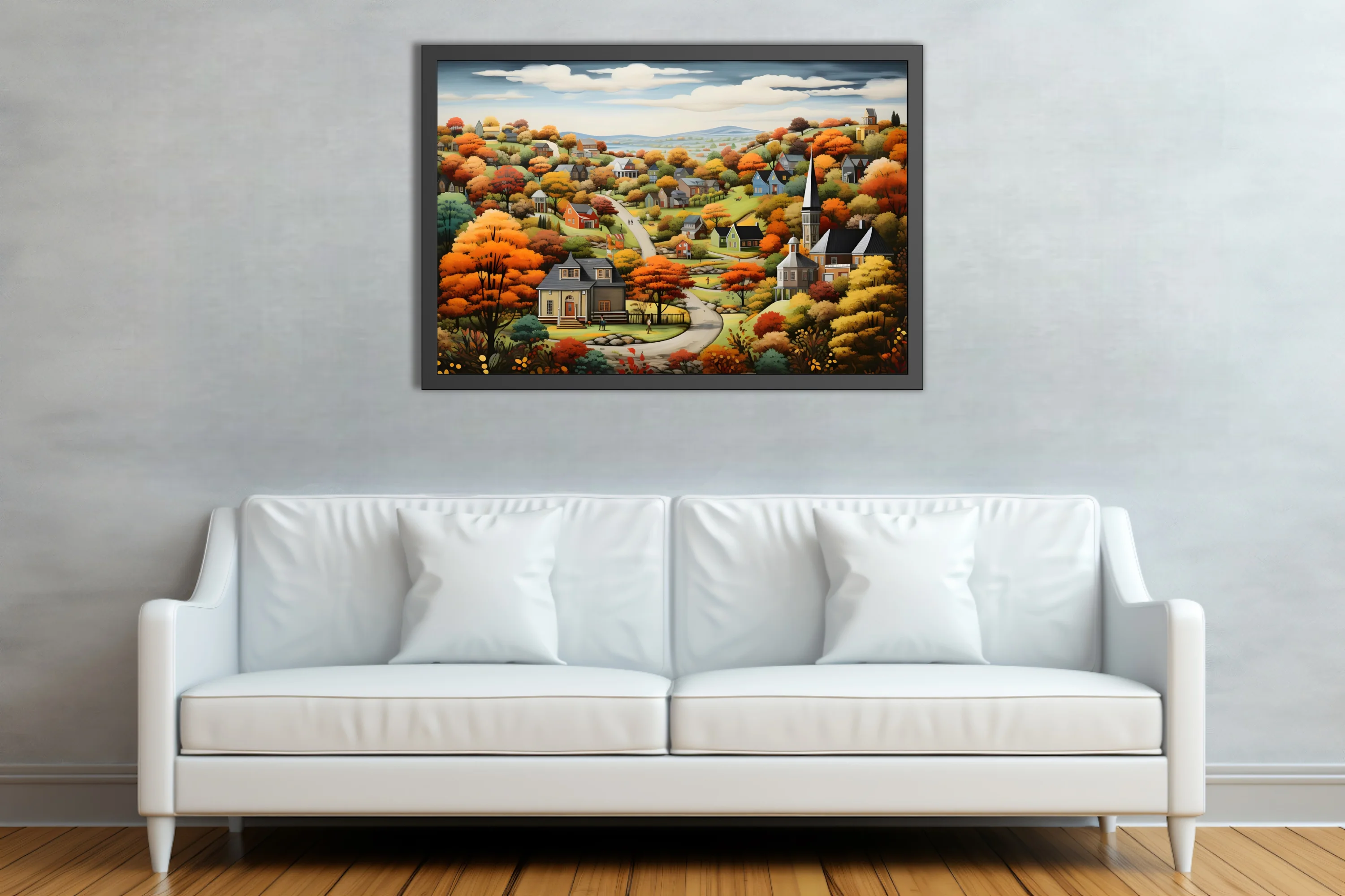 Folk-art autumn village scene with colorful foliage, church steeple, and winding road