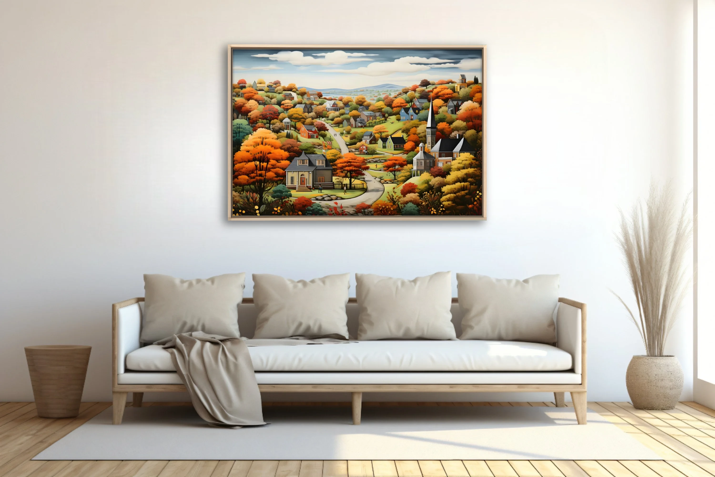Folk-art autumn village scene with colorful foliage, church steeple, and winding road