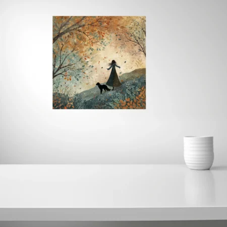 Whimsical autumn walk illustration — silhouetted figure and dog among falling leaves, teal and amber tones