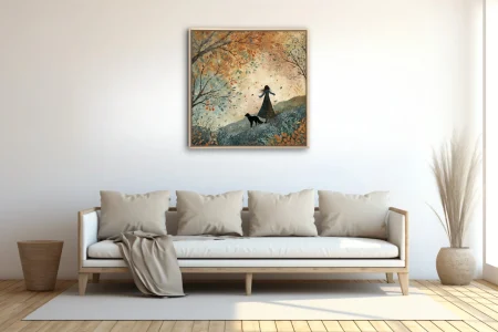 Whimsical autumn walk illustration — silhouetted figure and dog among falling leaves, teal and amber tones