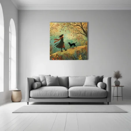 Folk-art autumn walk illustration, woman and black dog, warm earthy tones