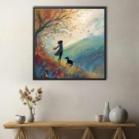 Whimsical autumn walk illustration, figure and dog in windswept amber and teal landscape