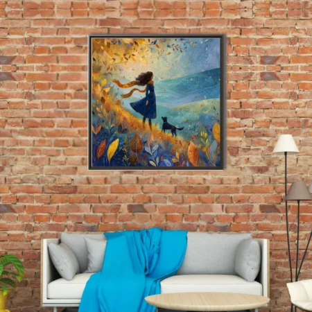 Whimsical autumn illustration, woman and dog in windswept golden-blue landscape