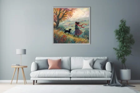 Watercolor-style autumn walk illustration, woman and dog on windswept hillside, warm fall palette
