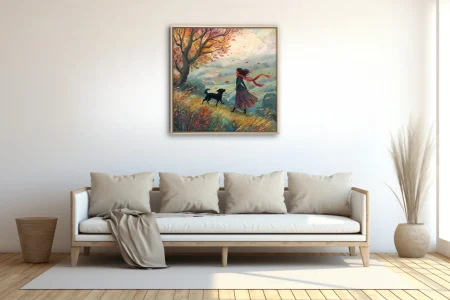 Watercolor-style autumn walk illustration, woman and dog on windswept hillside, warm fall palette