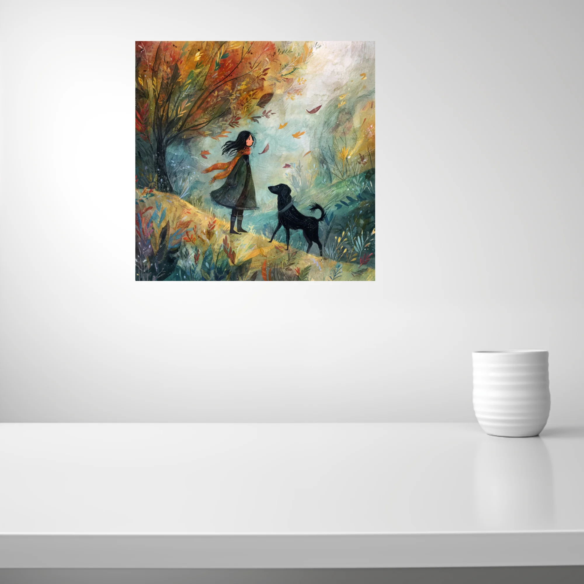 Whimsical watercolor-style autumn scene with girl and black dog among swirling fall leaves
