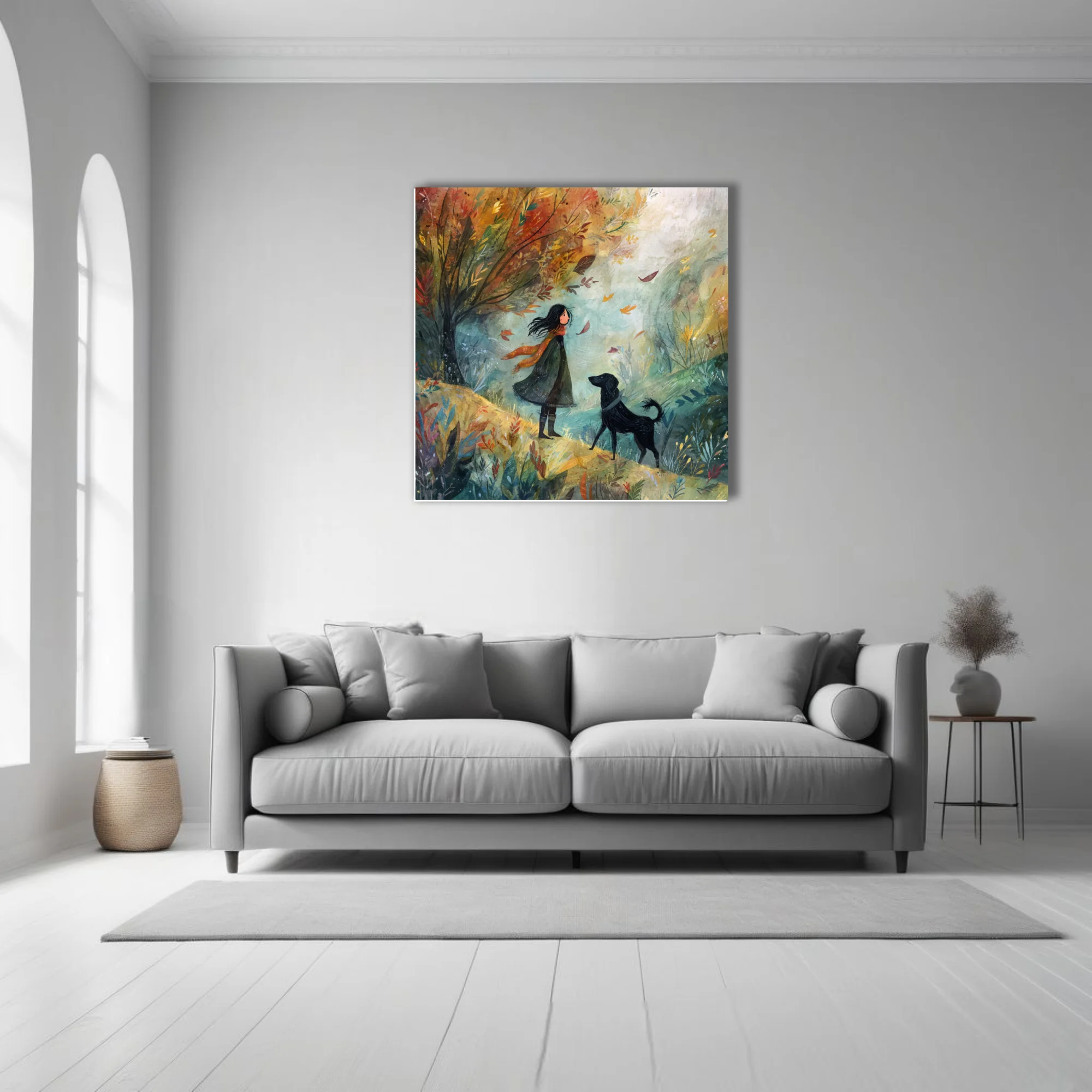 Whimsical watercolor-style autumn scene with girl and black dog among swirling fall leaves