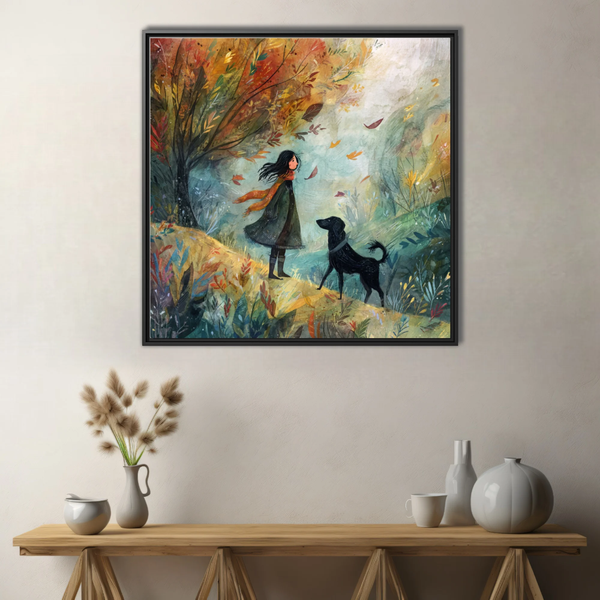 Whimsical watercolor-style autumn scene with girl and black dog among swirling fall leaves