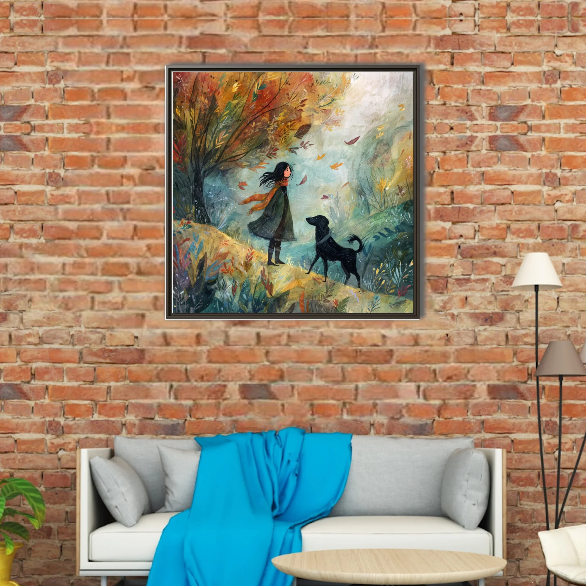 Whimsical watercolor-style autumn scene with girl and black dog among swirling fall leaves