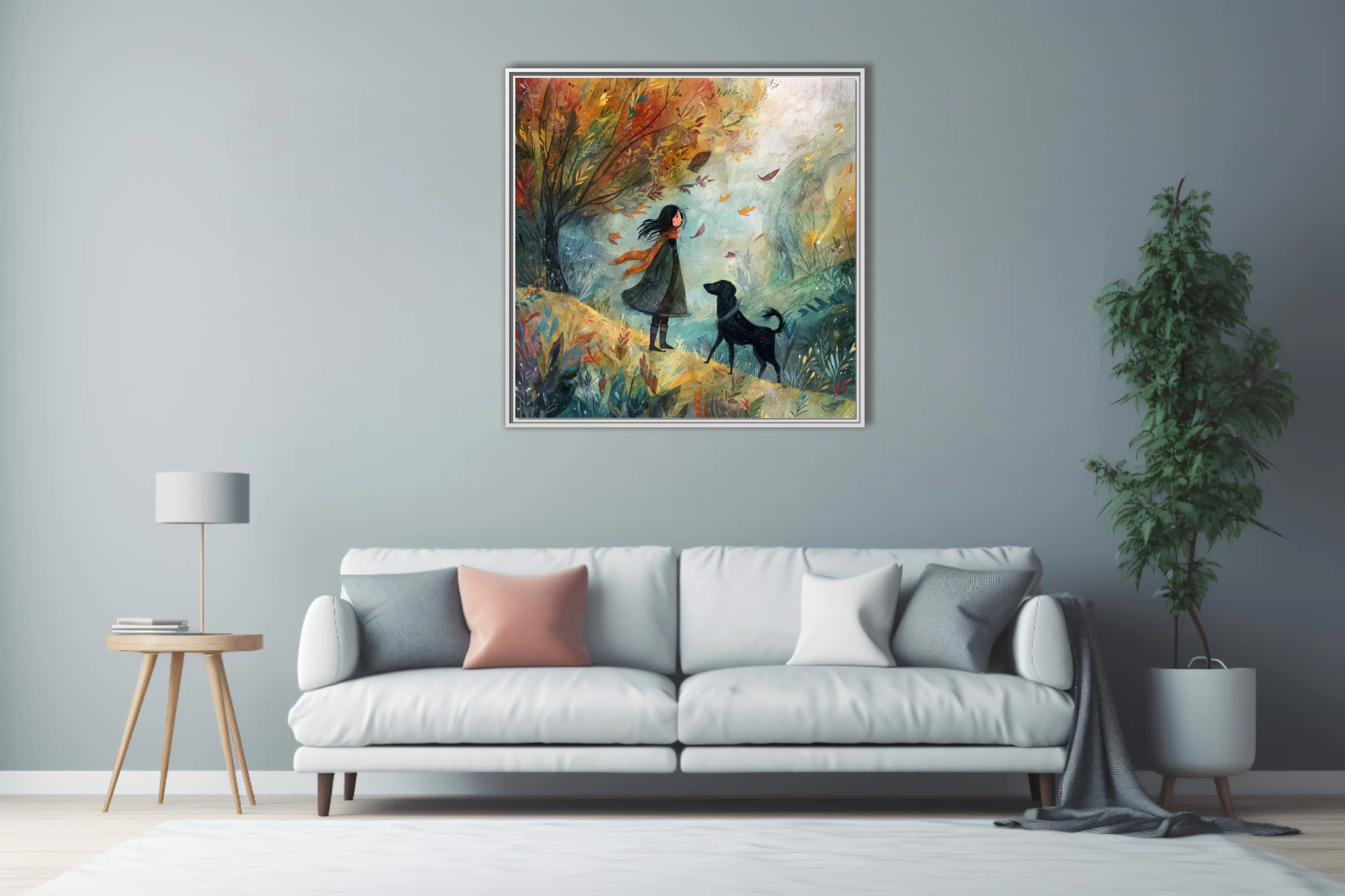 Whimsical watercolor-style autumn scene with girl and black dog among swirling fall leaves