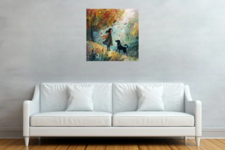Whimsical watercolor-style autumn scene with girl and black dog among swirling fall leaves