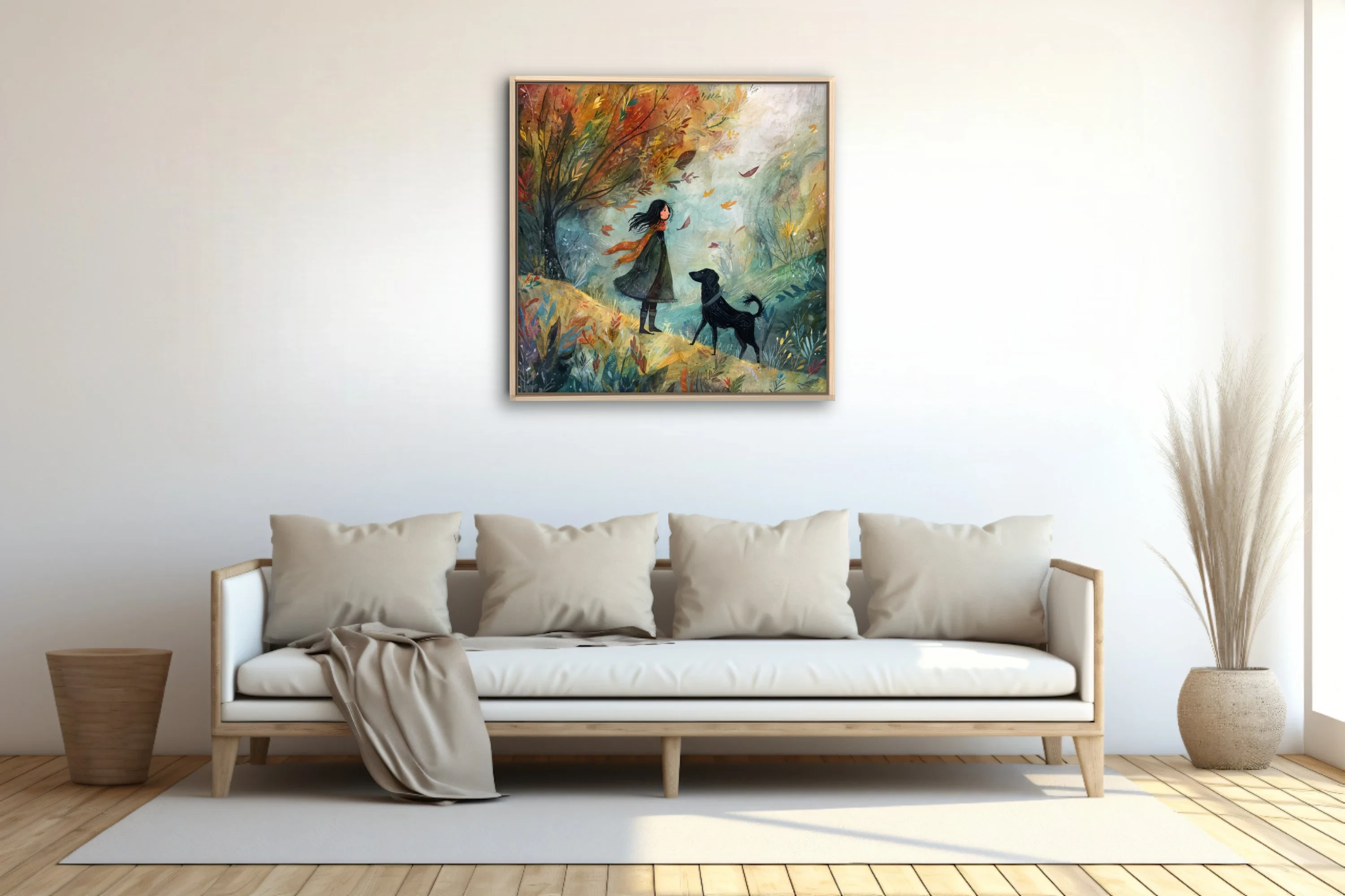 Whimsical watercolor-style autumn scene with girl and black dog among swirling fall leaves