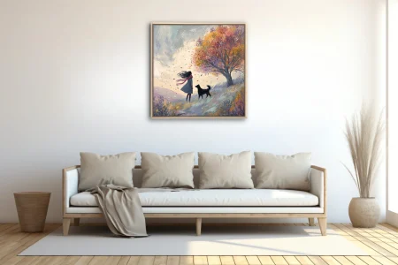 Whimsical autumn illustration of a figure and dog beneath a colorful windswept tree, pastel storybook style