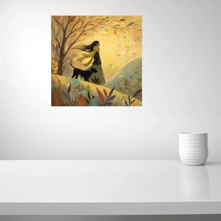 Whimsical autumn walk illustration, woman and dog among golden falling leaves