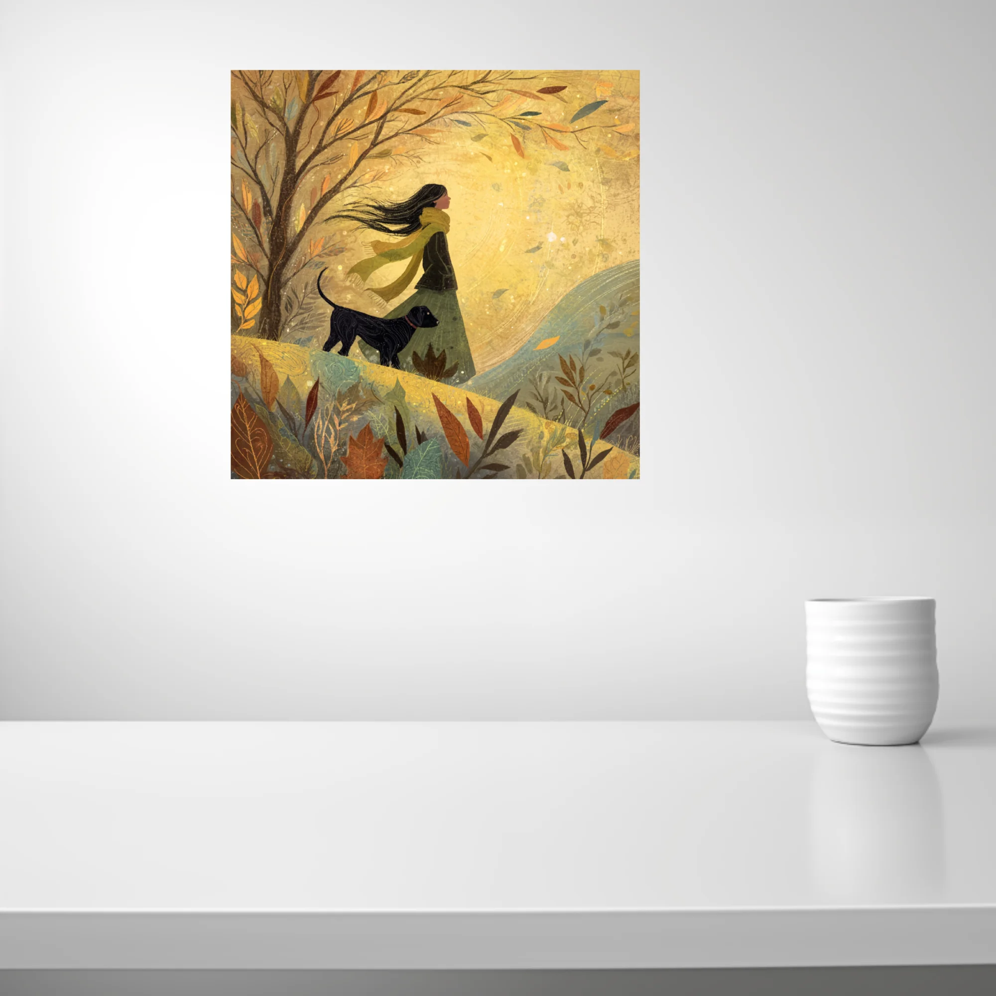Whimsical autumn walk illustration, woman and dog among golden falling leaves