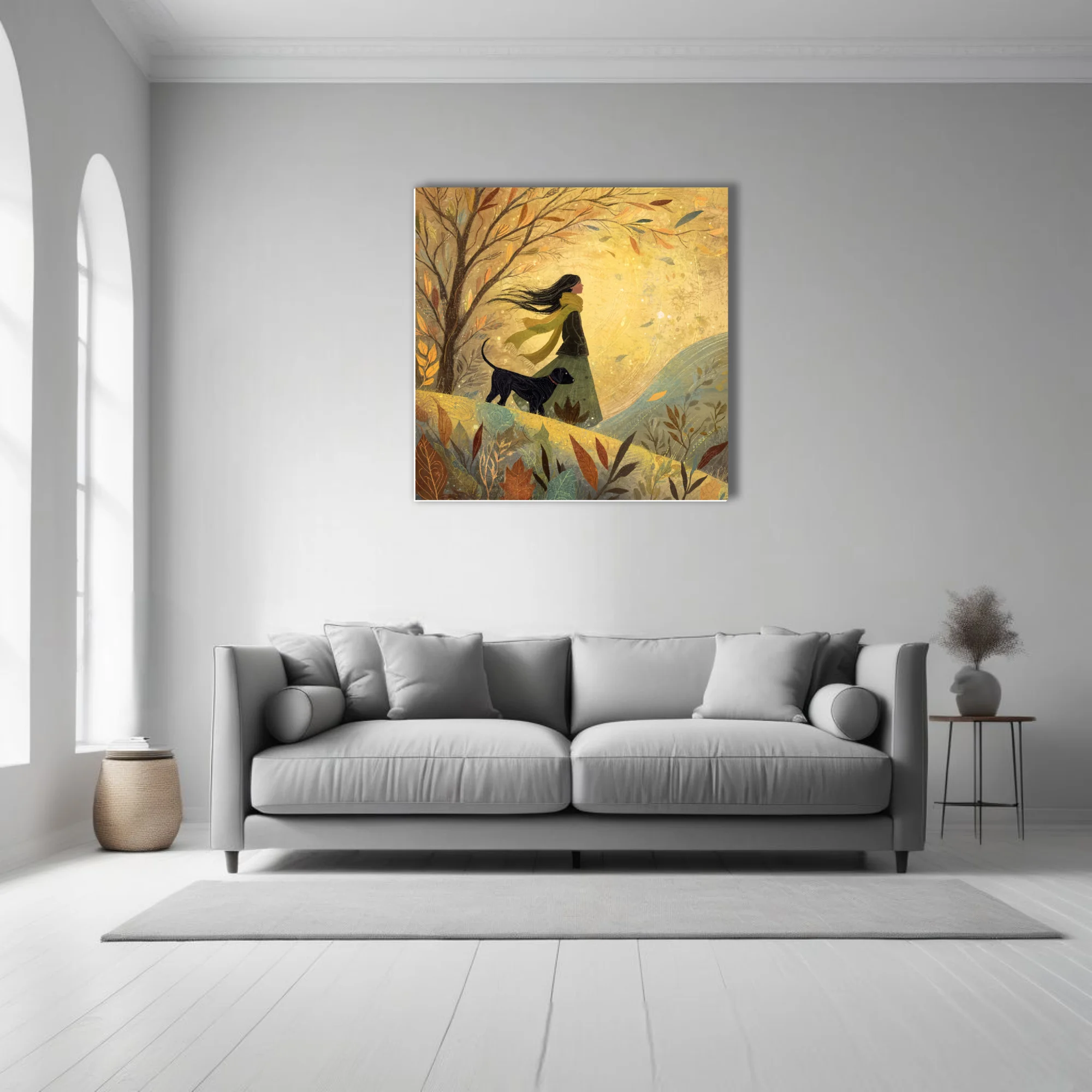 Whimsical autumn walk illustration, woman and dog among golden falling leaves