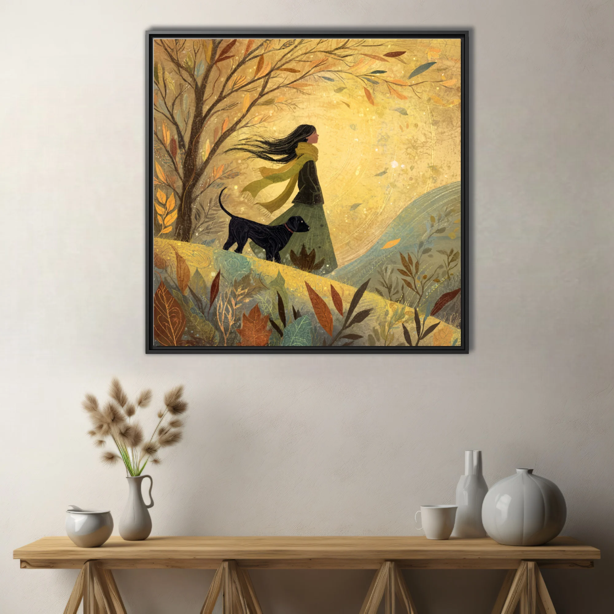 Whimsical autumn walk illustration, woman and dog among golden falling leaves