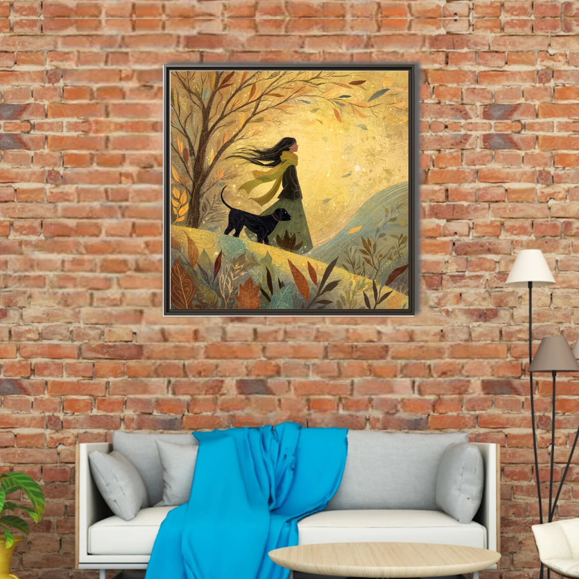 Whimsical autumn walk illustration, woman and dog among golden falling leaves